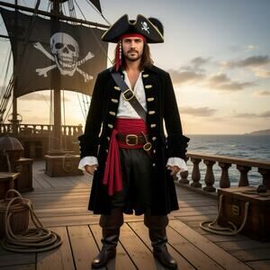 CHARADES Treasure Island Pirate Coat Velour Long Black Skulls Unisex Adult S USA